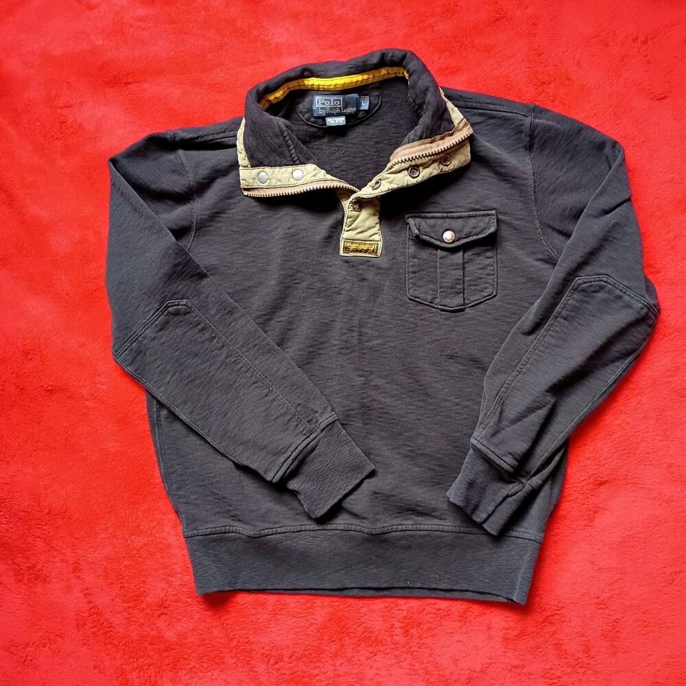 VTG Polo Ralph Lauren Sweatshirt Quarter Snap Elbow Patch Mens L Black Utility